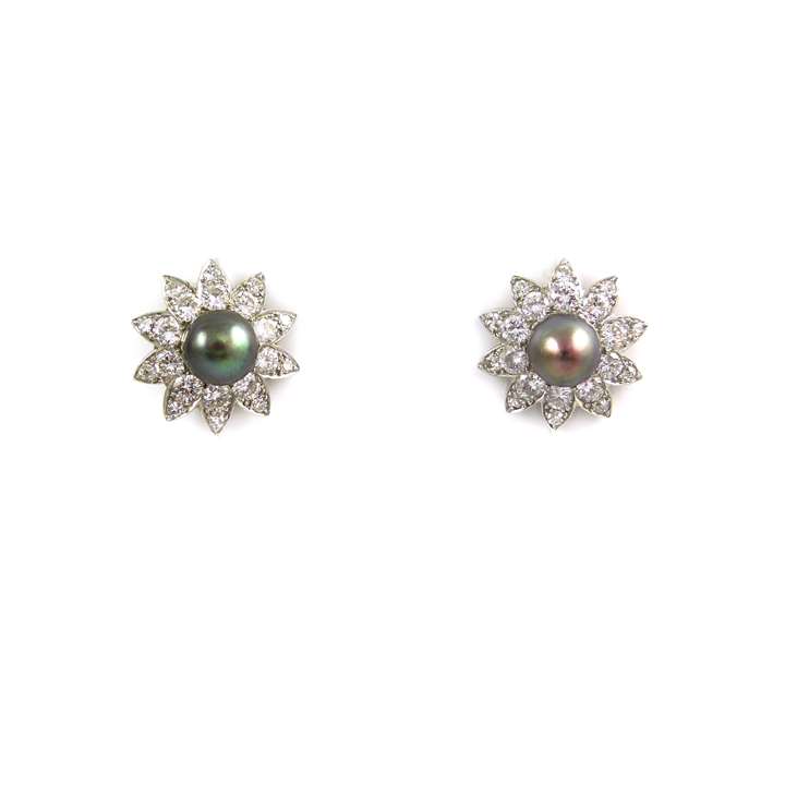 Pair of natural black pearl and diamond flowerhead cluster earrings